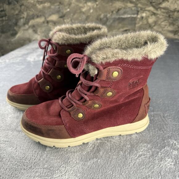 Sorel Explorer Joan Winter Boots Faux Fur Dark Red Suede Leather 8.5 Snow - Picture 1 of 7